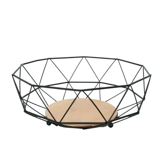 Fruteira De Mesa Bowl Preto Metal E Bambu 26x26x10cm