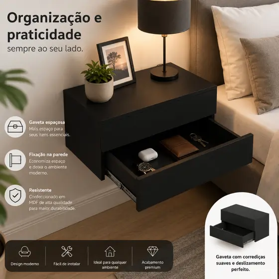 Aparador Suspenso Com Duas Gavetas Organização e Praticidade - Mesa de Cabeceira Suspensa 60 Cm