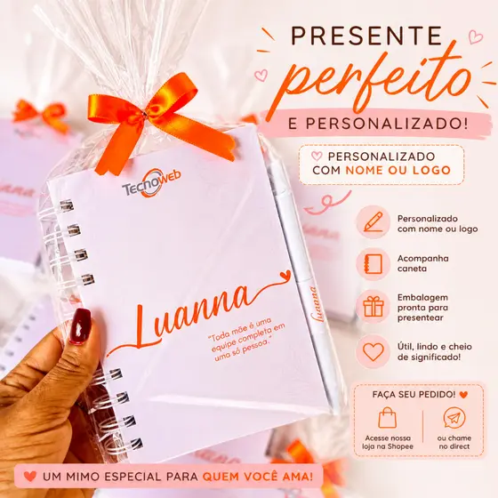 Caderneta Personalizada com Nome ou Logo + Caneta | Presente Criativo e Personalizado | Lembrancinha Especial para TCC