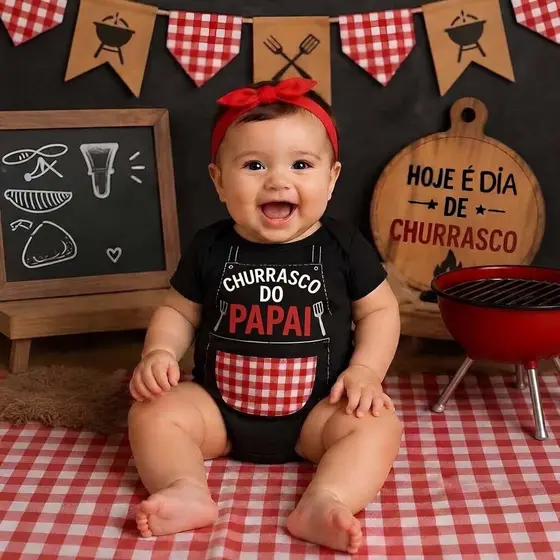 Body Infantil Churrasco Do Papai Vermelho Premium Estilosa Fofo Mesversarios Aniversario Bebe