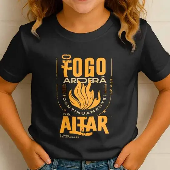 Camiseta Infantil Unissex Fogo no Altar Estampa Cristã com Chama e Mensagem de Fé Premium