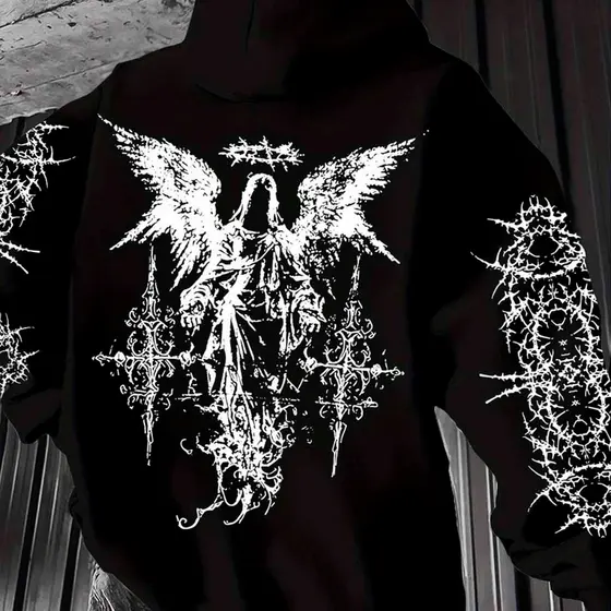 Moletom Canguru Unissex Estampado Anjo Gótico Cruz Espinhos Street Dark Aesthetic Tumblr Manga
