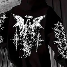 Moletom Canguru Unissex Estampado Anjo Gótico Cruz Espinhos Street Dark Aesthetic Tumblr Manga