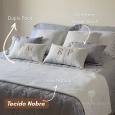 Kit Manta Peseira de Linho + Almofadas Bordadas Cama e Sofá Cama Casal Queen King Decoração
