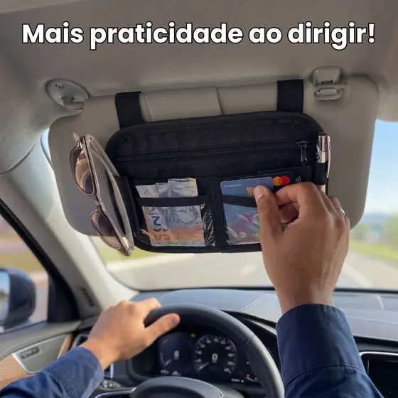 Viseira Veicular Porta Objetos para Quebra Sol /  Organizador para Óculos, dinheiro, cartão, celular, carteira portátil