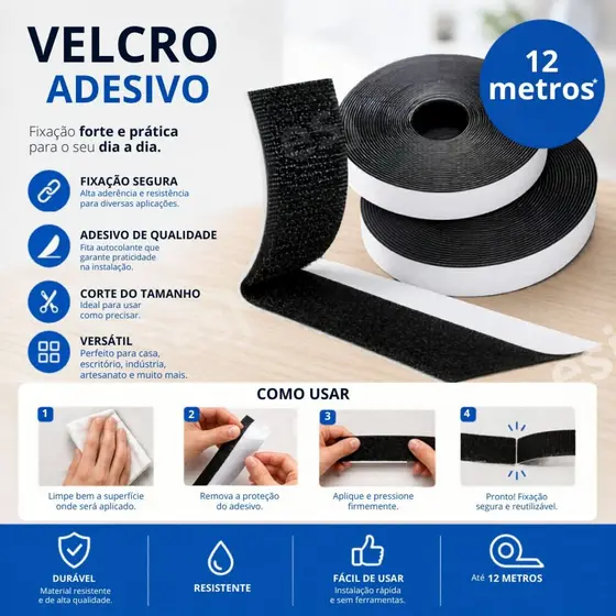 Velcro Adesivo 25mm Macho e Fêmea Extra Forte Fita Velcro Autocolante até 12 Metros Preto ou Branco Fecho de Contato