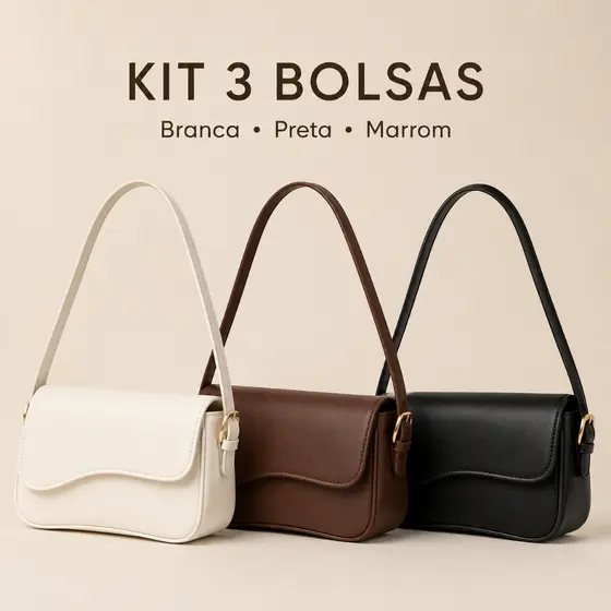 Bolsa Transversal Feminina de Ombro Kit com 3 Unidades Material Sintético Cores Branca Marrom Caramelo e Preto