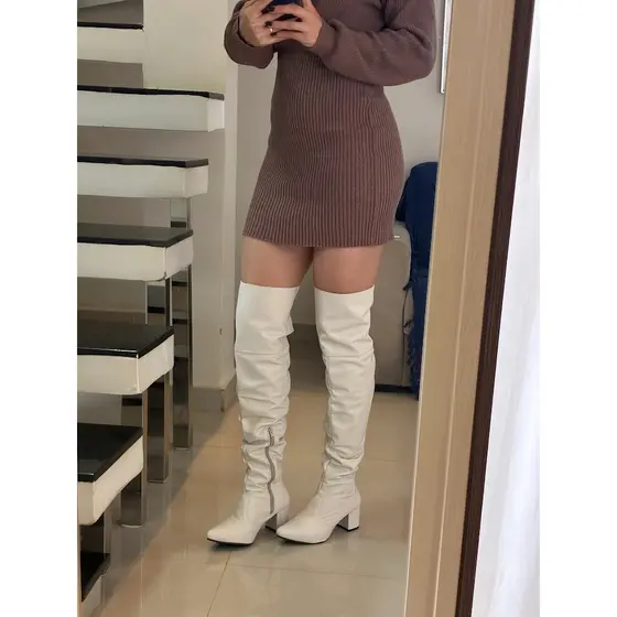 Lirom Botas Femininas Cano Longo Marca Salto Bico Fino Moda Branca OFF