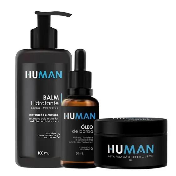 Kit Balm Pós-Barba Óleo para Barba e Pomada Modeladora Efeito Matte Seco Forte Human