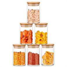 Kit 6 Unidades  Potes Herméticos 300ml Vidro Tampa Bambu Vedação Cozinha Mantimentos Completo