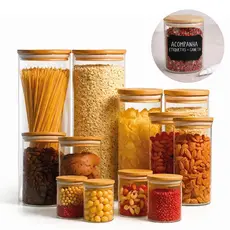 Conjunto c/ 12 Potes Herméticos de Vidro tamanhos variados e Tampa Bambu Organizador Cozinha Premium