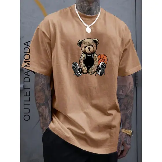 Camiseta Masculina Estampada Urso Basquete Camisa 100% algodão malha 30.1