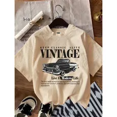 Camiseta Feminina Com Estampa Retrô De Carro Casual, Verão
