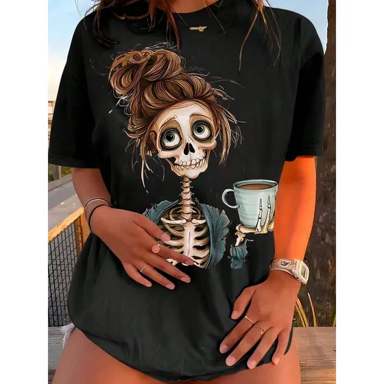 Camiseta Feminina Estampa de Caveira Mulher Verão Halloween