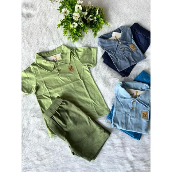 Lindo Conjunto Roupa de Bebe Infantil Verão Gola Polo e Bermuda
