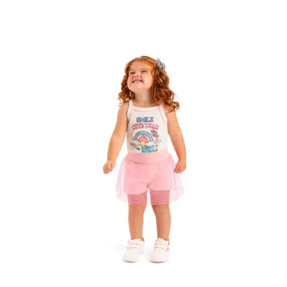 Conjunto Infantil Feminino  Shorts Saia em Tule com Brilho + Blusinha Regata em Algodão TAM 1, 2 e 3