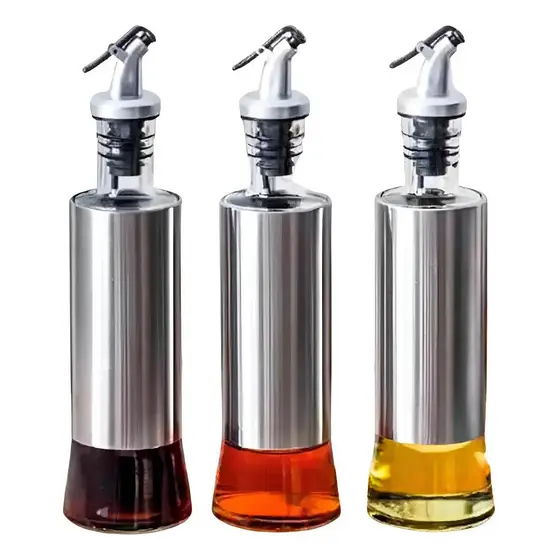 Kit 3 Galheteiro Porta Azeite Vinagre Vidro Bico Dosador Inox