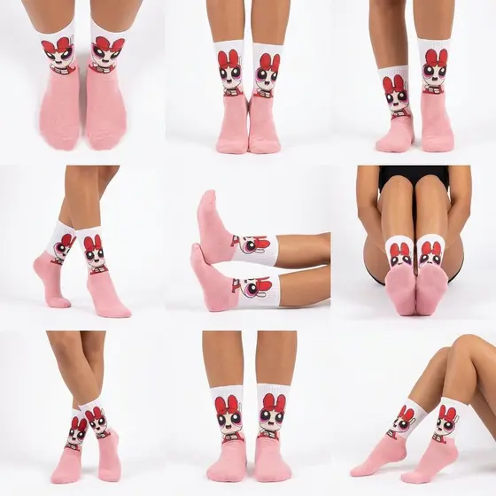 Meia Divertida Cano Longo Estampada frio Personagem Florzinha rosa claro Tamanho Unico 35 a 44