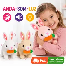 Coelhinho Pelúcia Elétrico Pula Anda Emite Som com Luz Led à Pilha