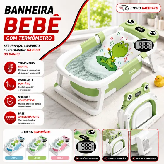Banheira Bebê Dobrável Portátil Com Termômetro Compacta Segura Divertida Temática Infantil