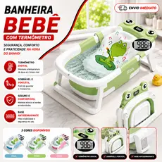 Banheira Bebê Dobrável Portátil Com Termômetro Compacta Segura Divertida Temática Infantil