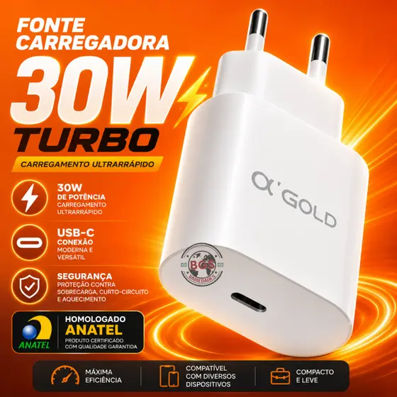 Fonte Carregador PD USB C 30W  Turbo Anatel Rápido Original AGOLD Tomada Android Iphone