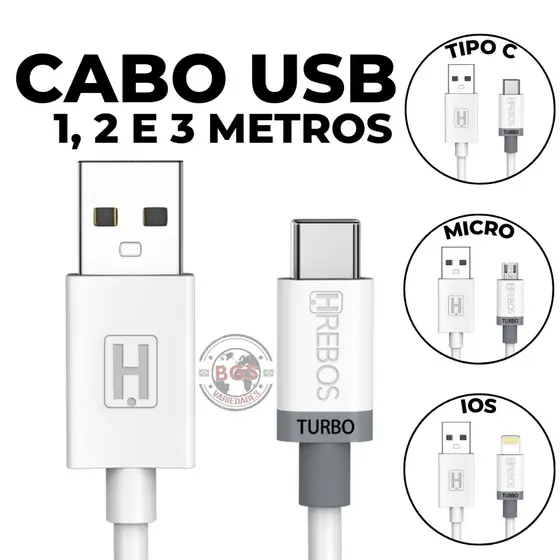 Cabo Carregador USB A Rápido 1 2 3  Metros Hrebos Micro V8 Tipo C Lightning Turbo