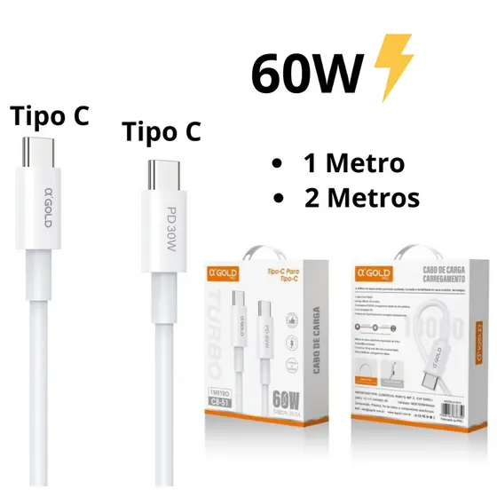 Cabo Turbo PD 60w Tipo C Tipo C Branco Agold Original Rápido Iphone 15 16 Pro Max Plus Android 1 Metro 2 Metros
