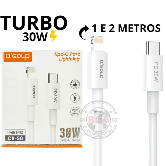 Cabo Tipo C Lightning Super Turbo 30W Para Iphone Agold Original 1 Metro 2 Metros