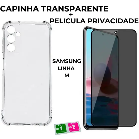 Capa Transparente Silicone + Película Privacidade 3D Brilhante Samsung M12 M14 M15 M22 M23  M33 M34 M52 M53 M54 M55