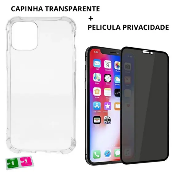 Capa Transparente Silicone + Pelicula Privacidade 3D Brilhante Iphone X Xr Xs 11 12 13 14 15 16 17 Pro Max Plus Air