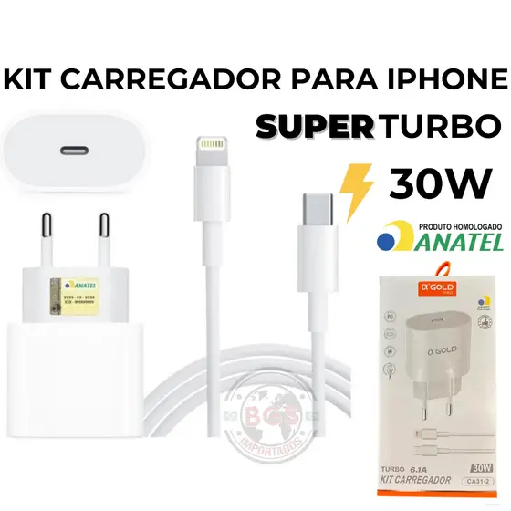 Fonte Carregador Com Cabo Para Iphone 30W Super Turbo Anatel A Gold Original Tomada