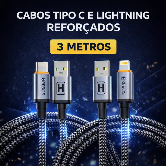 Cabo Hrebos Reforçado Nylon Malha Preto USB Tipo C Lightning Compativel Iphone Android 3 Metros