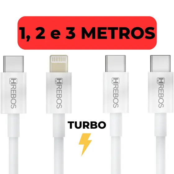 Cabo Tipo C Lightning Compativel com Android Iphone 1 2 3 Metros Original Hrebos PD Turbo Metro
