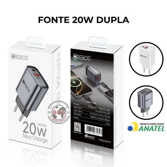 Fonte Carregador Dupla USB e TIPO C Original Hrebos Anatel 20W