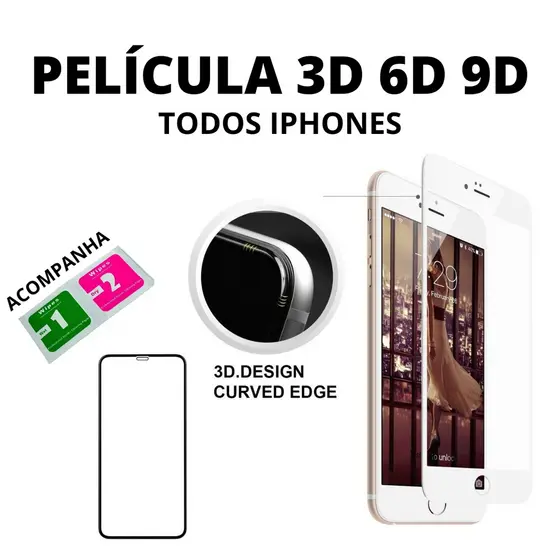 Película de Vidro 3D 6D 9D Apple Iphone 6 6S 7 8 Plus X XS XR 11 12 13 14 15 16 17 Air Plus Pro Max