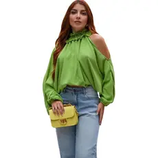 Blusa Bata Feminina Cropped Manga Bufante Gola Alta Babado