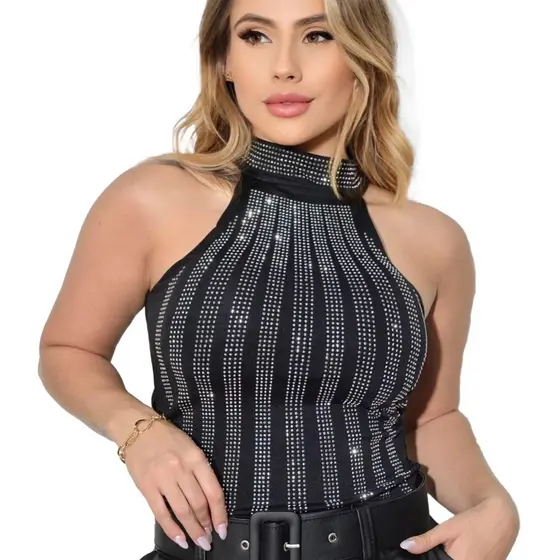 Body Feminino Regata Gola Alta Brilho Pedraria Festa Luxo