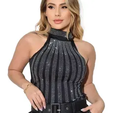 Body Feminino Regata Gola Alta Brilho Pedraria Festa Luxo