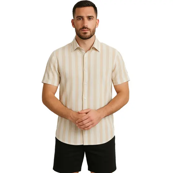 Camisa Masculina Social Linho Listrada Manga Curta Premium
