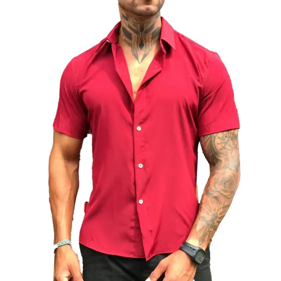 Camisa Social Lisa Masculina Manga Curta Slim Barata Fit