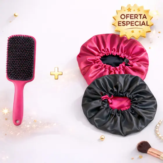 1 Escova Raquete + 2 Touca Dupla Cetim anti-frizz