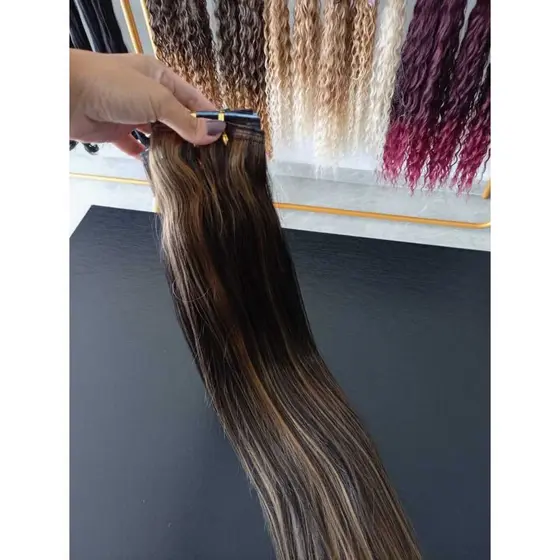 Aplique Cabelo 100% Semi Humano Na Fita Adesiva Liso Morena Iluminada 50cm igual Brasileiro do Sul