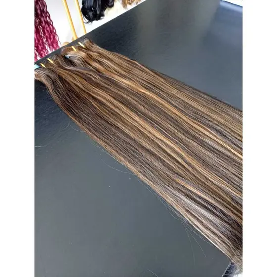 Aplique de Cabelo Liso Morena Iluminada 100% Semi Humano em Fita Adesiva 70cm Fibra Russa Premium