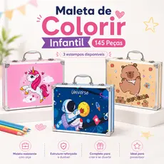 Maleta Pintura Infantil 145 Peças Kit Escolar Colorir Lápis Canetinha Giz Estojo Desenho Unicórnio Capivara Espaço