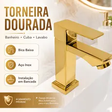 Torneira Dourada Banheiro Bica Baixa Cuba Pia Lavabo Luxo Aço Inox Bancada