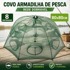 Covo Armadilha De Pesca Rede Dobrável 8 Entradas 80x80cm Para Isca Camarão Peixe