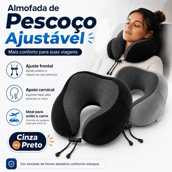 Almofada de Pescoço Travesseiro Cervical Viagem Avião Carro Ajustável Cinza Preto