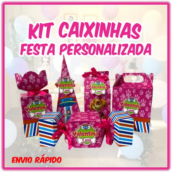 Kit Lembrancinhas Patrulha Canina Papelaria personalizadas Caixinhas milk pirâmide bala meia bala e maletinha monte seu kit Festa Fácil - Papel off set -