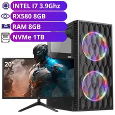 Computador Gamer Intel Core i7 Placa de Vídeo RX580 8GB NVMe 1TB e 8GB RAM C/ Monitor 20"